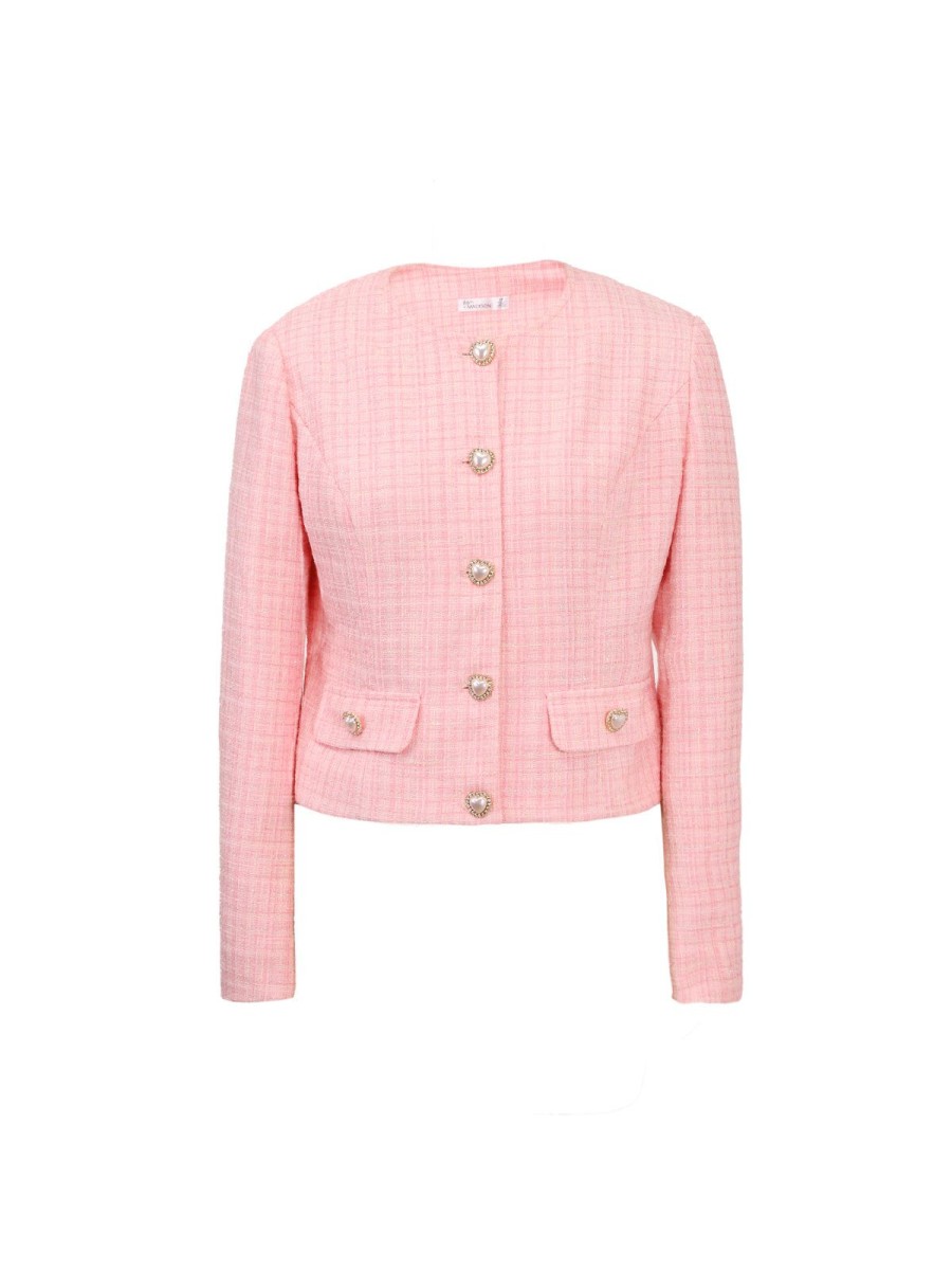 Women 89th + Madison Jackets & Blazers | Faux-Pearl Front Buttons Tweed Jacket Malibu Pink Tweed