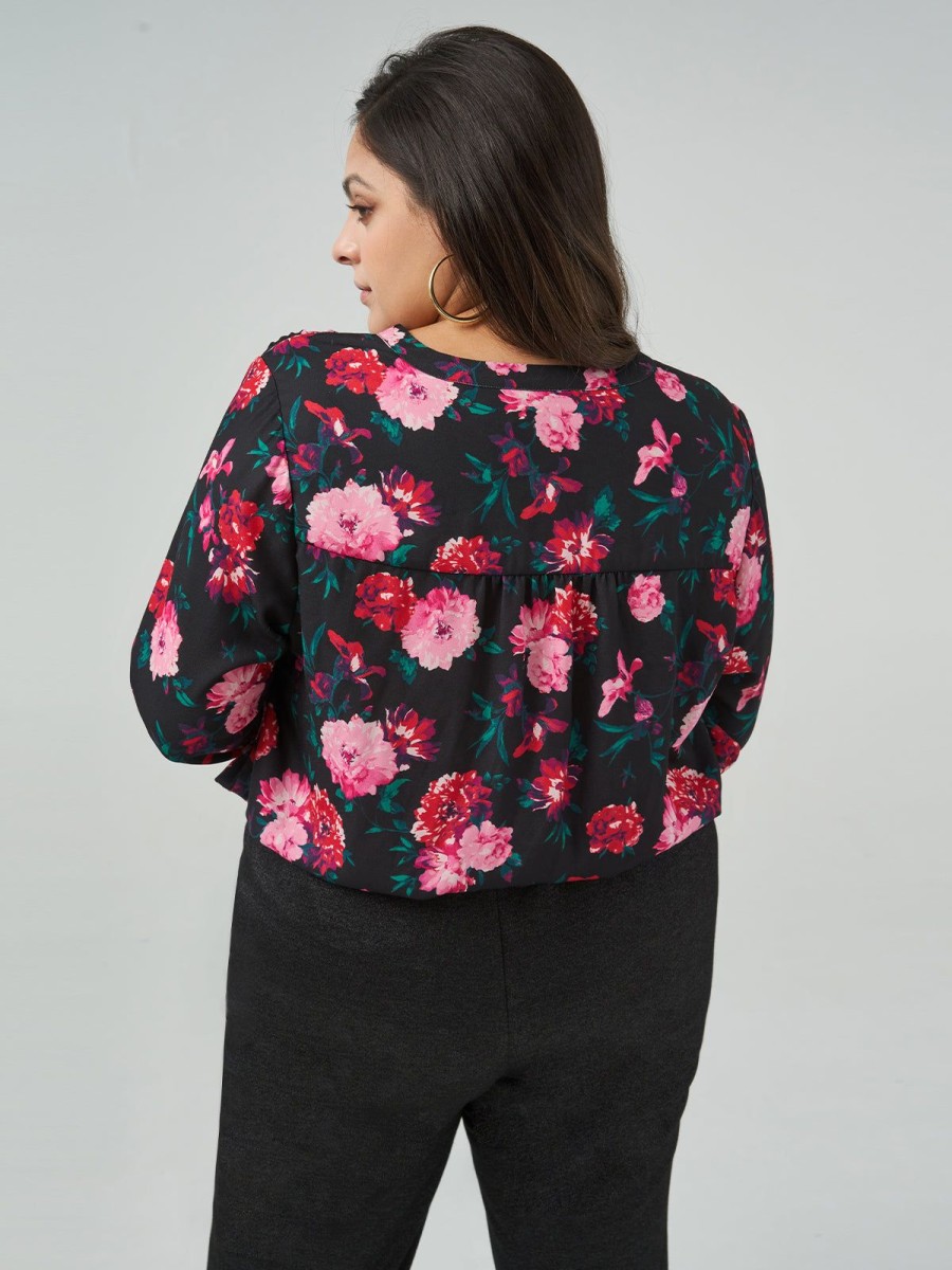 Women 89th + Madison Tops | Floral V-Neck Blouson Sleeve Blouse Fragrance Rhapsody