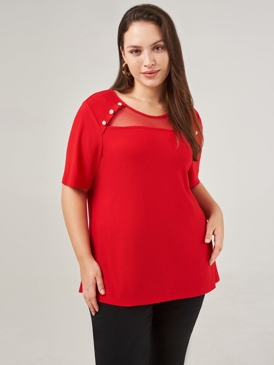 Women 89th + Madison Tops | Mesh Inset Pearl Button Top