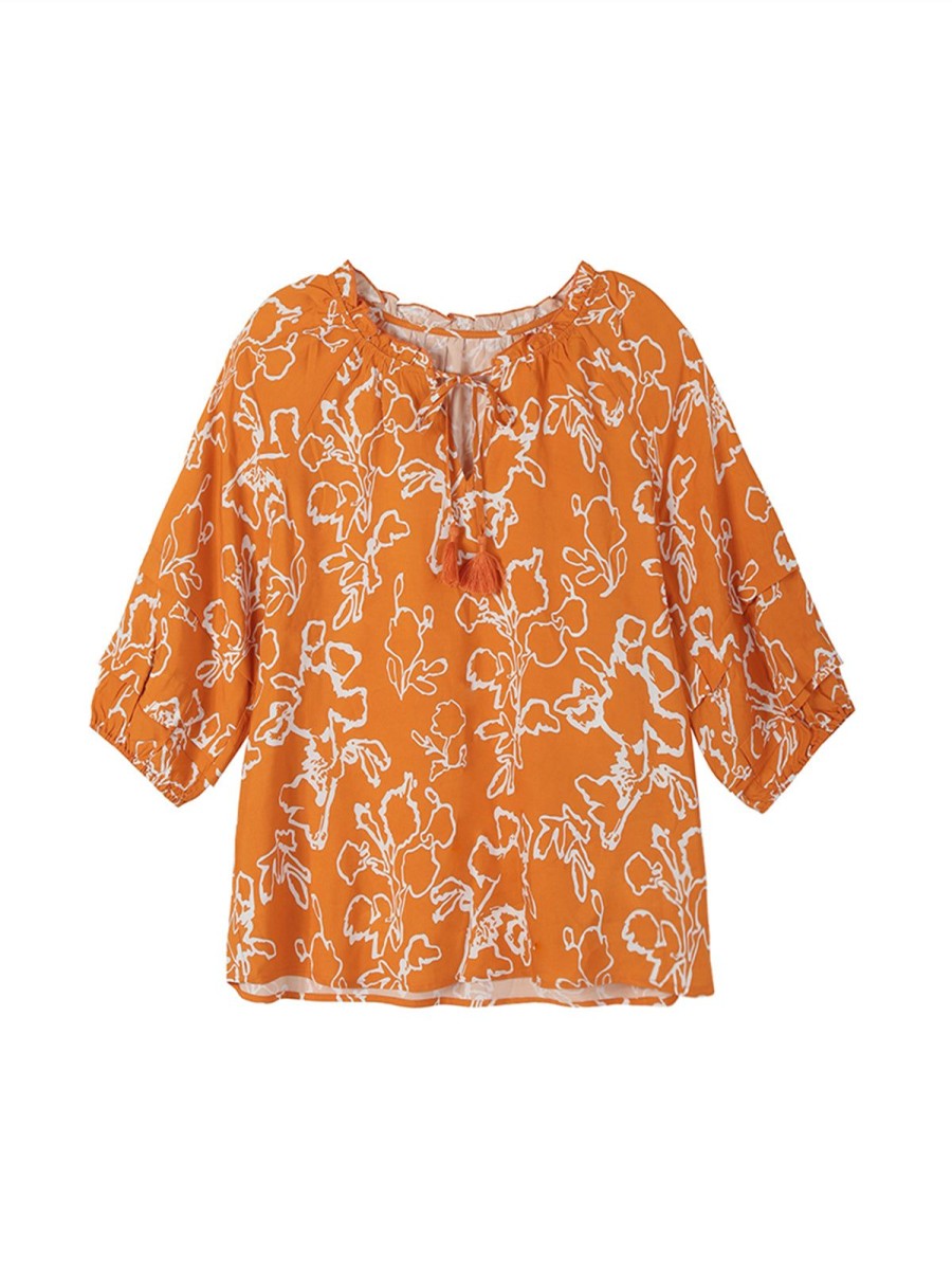 Women 89th + Madison Tops | Tassel Ties With A Seven-Point Sleeve Printed Top Orange Ochre Combo