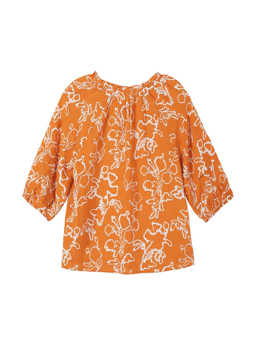 Women 89th + Madison Tops | Tassel Ties With A Seven-Point Sleeve Printed Top Orange Ochre Combo