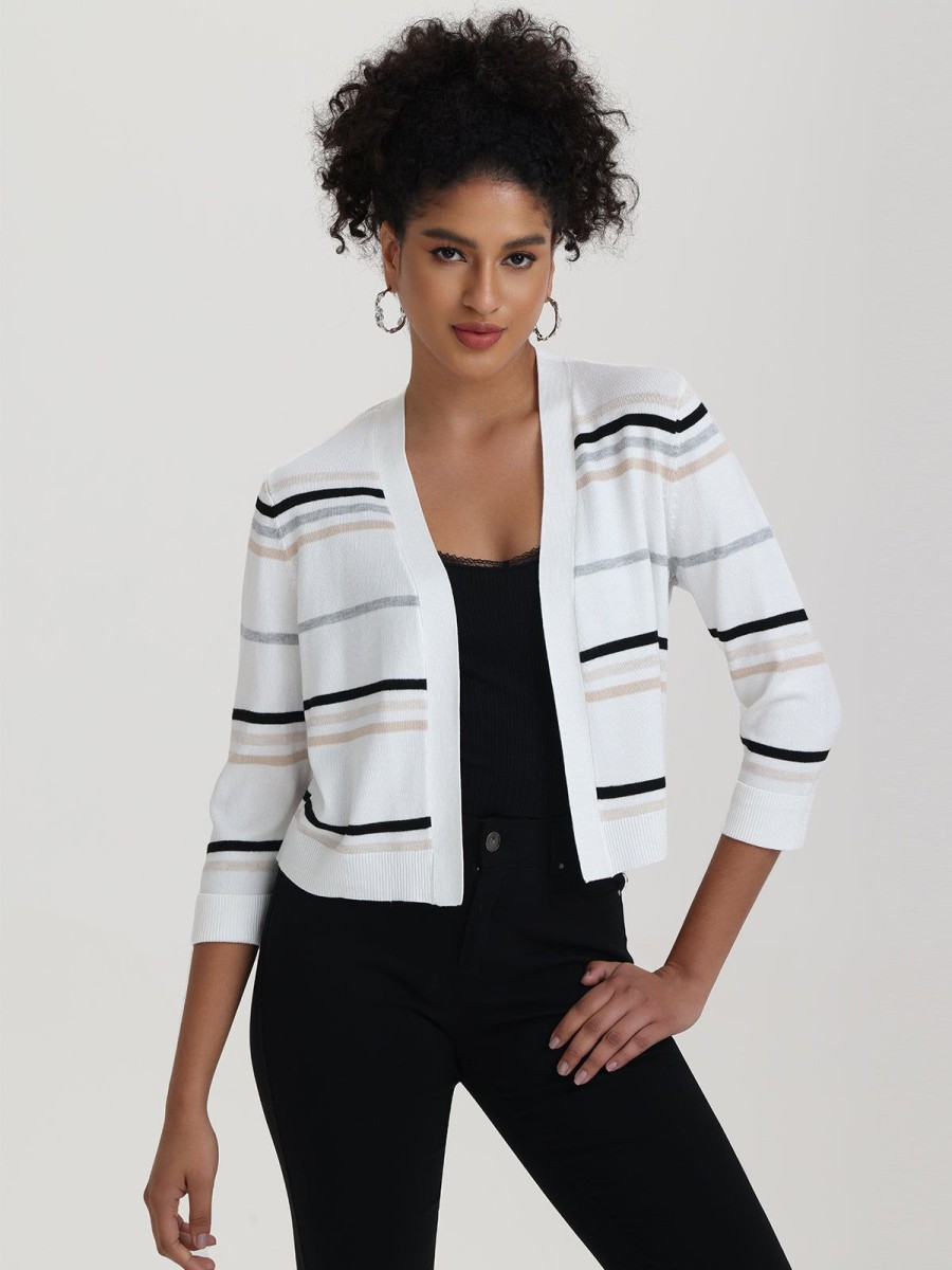 Women 89th + Madison Sweaters & Cardigans | Stripe Crop Cardigan Oatmeal Heather Combo