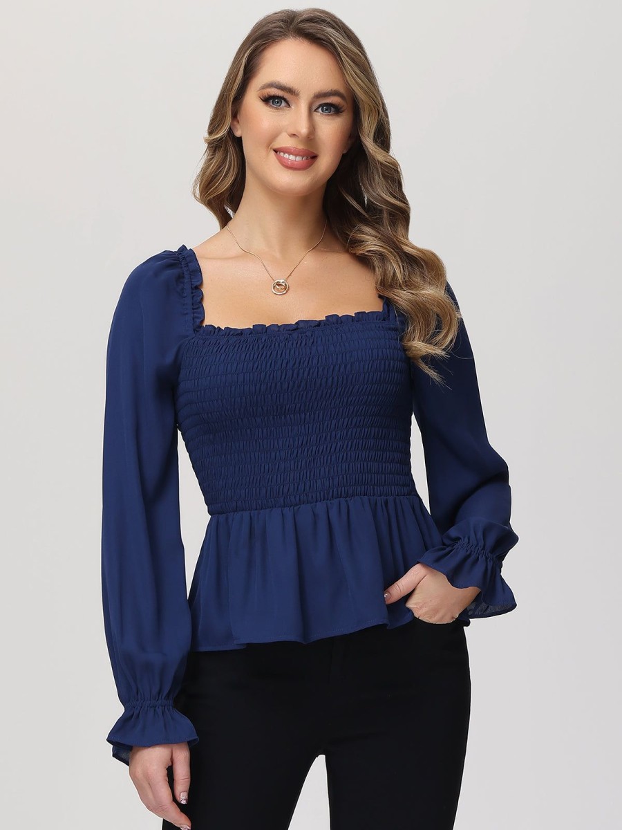 Women 89th + Madison Tops | Smocked Peplum Blouse Medieval Blue