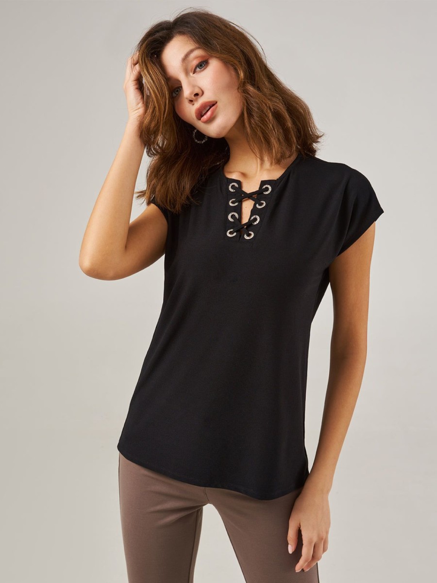 Women 89th + Madison Tops | Lattice Neck Puff Sleeve Top