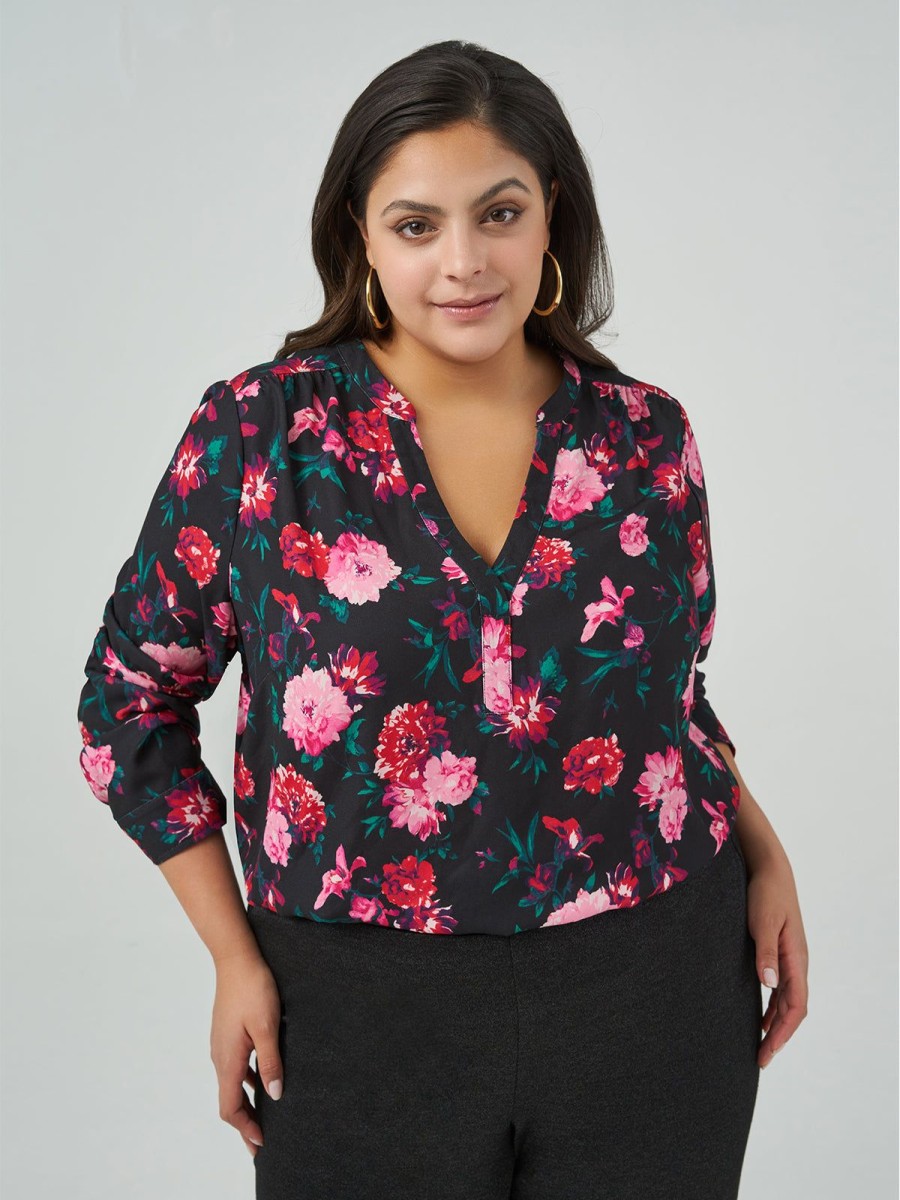 Women 89th + Madison Tops | Floral V-Neck Blouson Sleeve Blouse Fragrance Rhapsody