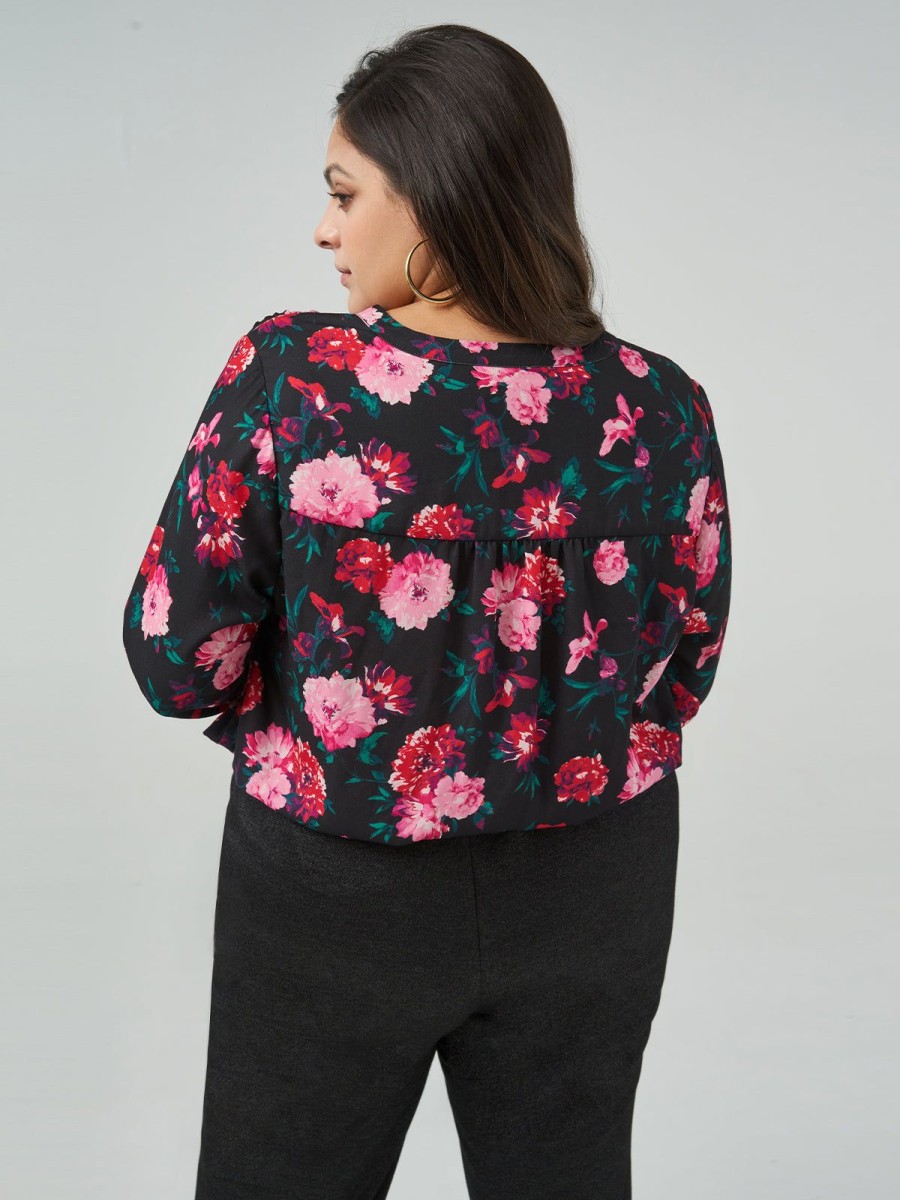 Women 89th + Madison Tops | Floral V-Neck Blouson Sleeve Blouse Fragrance Rhapsody