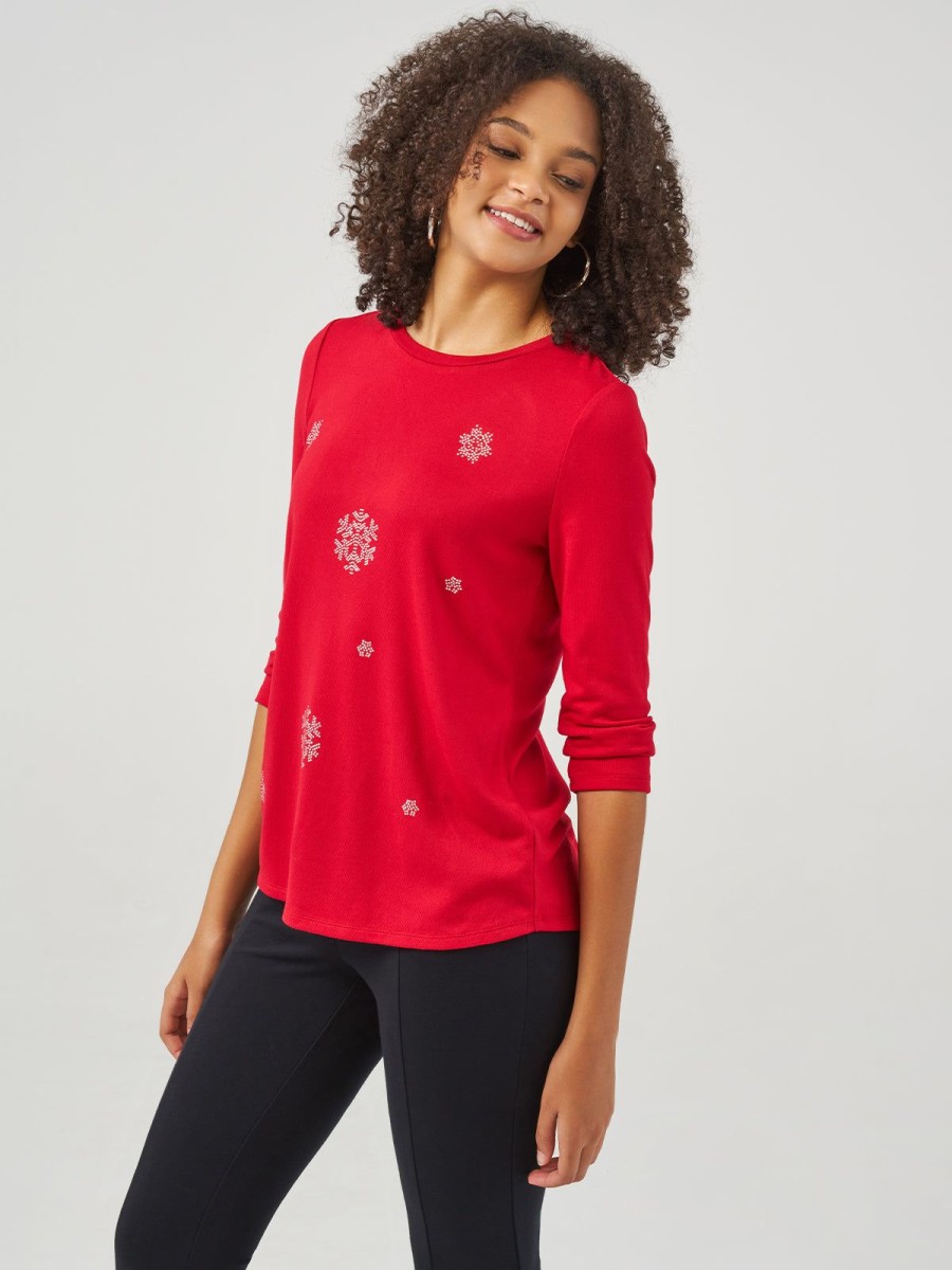 Women 89th + Madison Tops | Rhinestone Snowflake Embellished Tee Racing Red