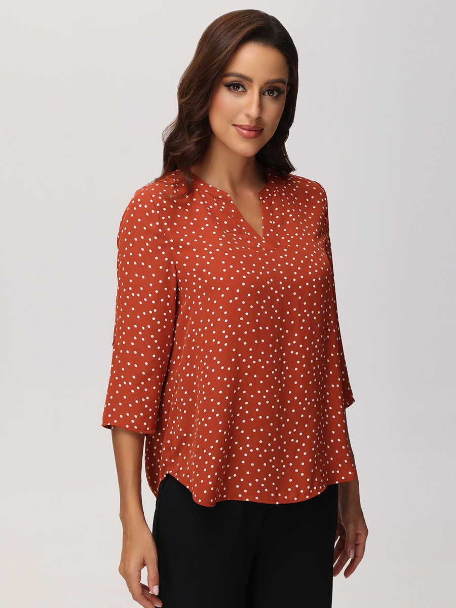 Women 89th + Madison Tops | Dot Print Notch Neck Blouse Retro Polkadot Spicy Red