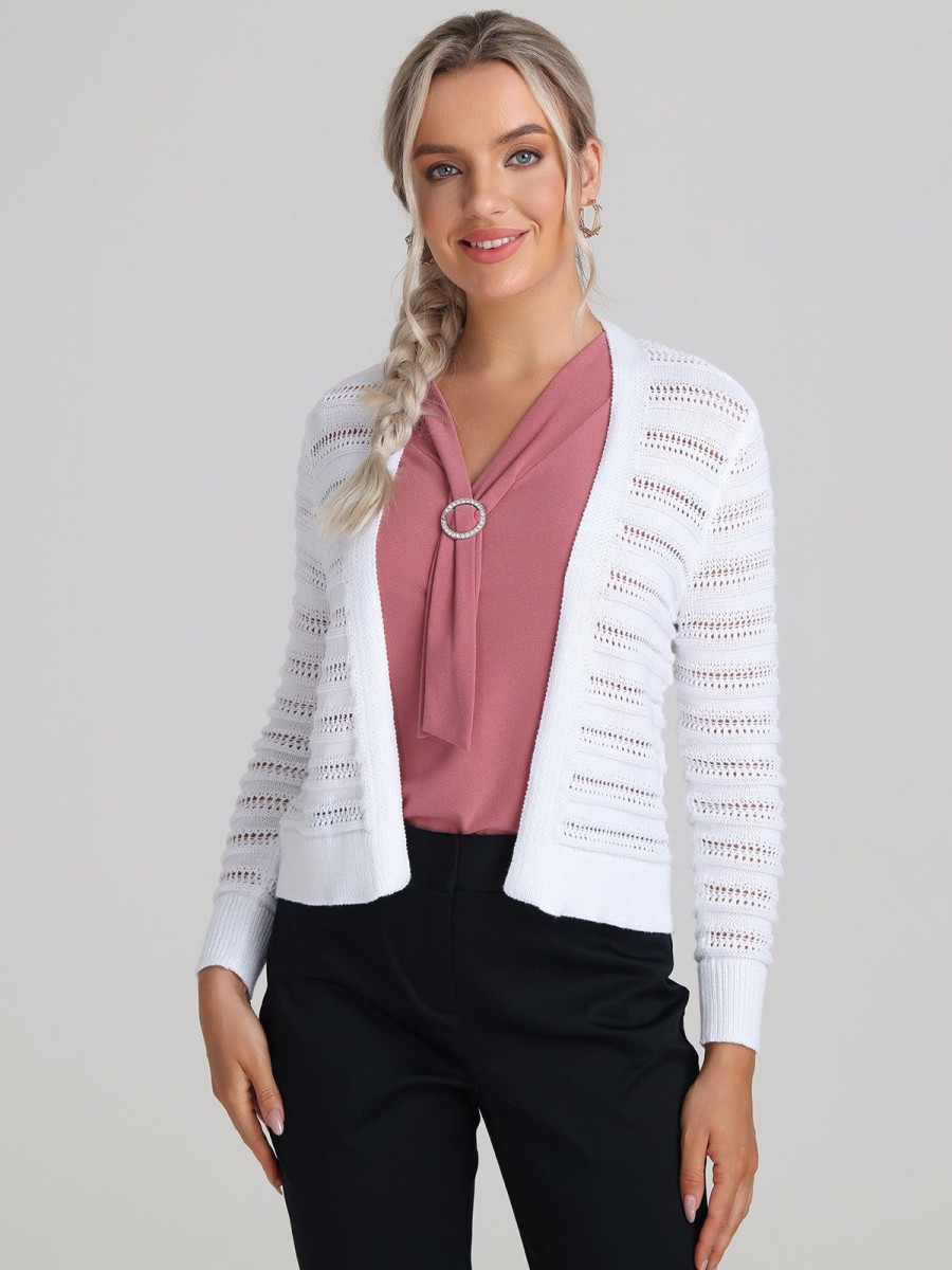 Women 89th + Madison Tops | Pointelle Open Front Cardigan Bleached White