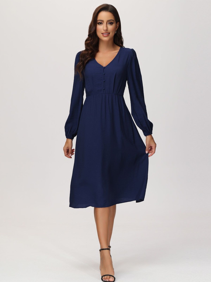 Women 89th + Madison Dresses | Lantern Sleeve Half Button Dress Medieval Blue