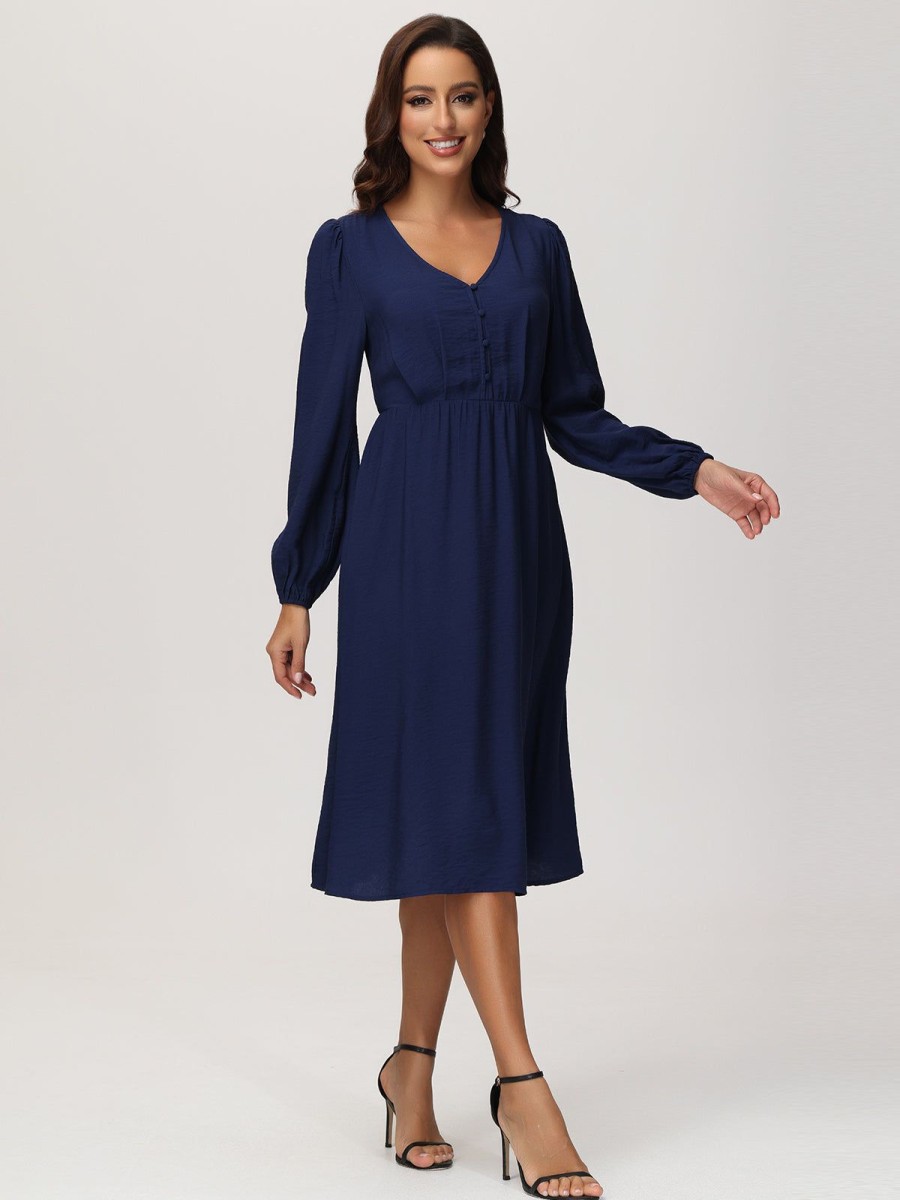 Women 89th + Madison Dresses | Lantern Sleeve Half Button Dress Medieval Blue