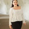 Women 89th + Madison Tops | Heart Print Smocked Peplum Blouse Fluttering Love Black