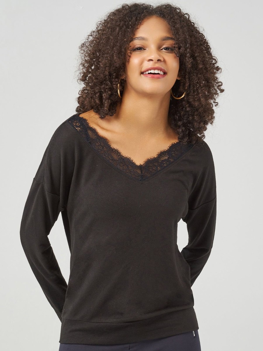 Women 89th + Madison Tops | V-Neck Lace Drop Shoulder Pullover