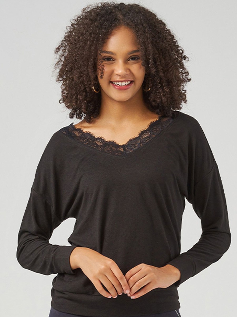 Women 89th + Madison Tops | V-Neck Lace Drop Shoulder Pullover