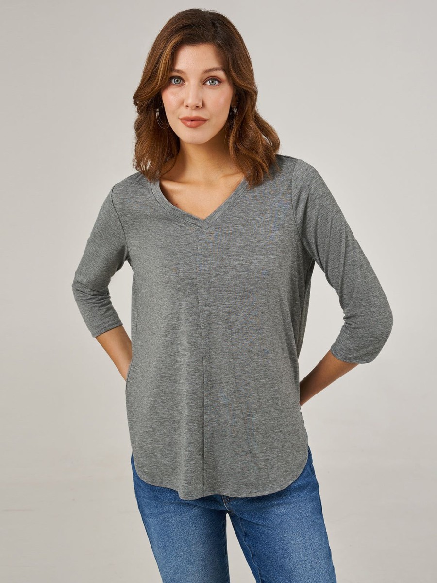 Women 89th + Madison Tops | 3/4 Sleeve V-Neck Top Medium Grey Heather