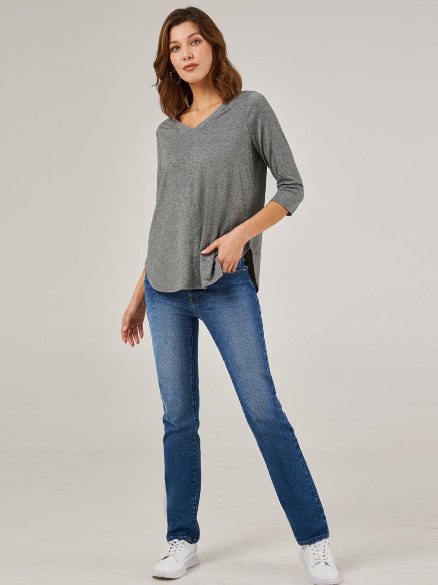 Women 89th + Madison Tops | 3/4 Sleeve V-Neck Top Medium Grey Heather