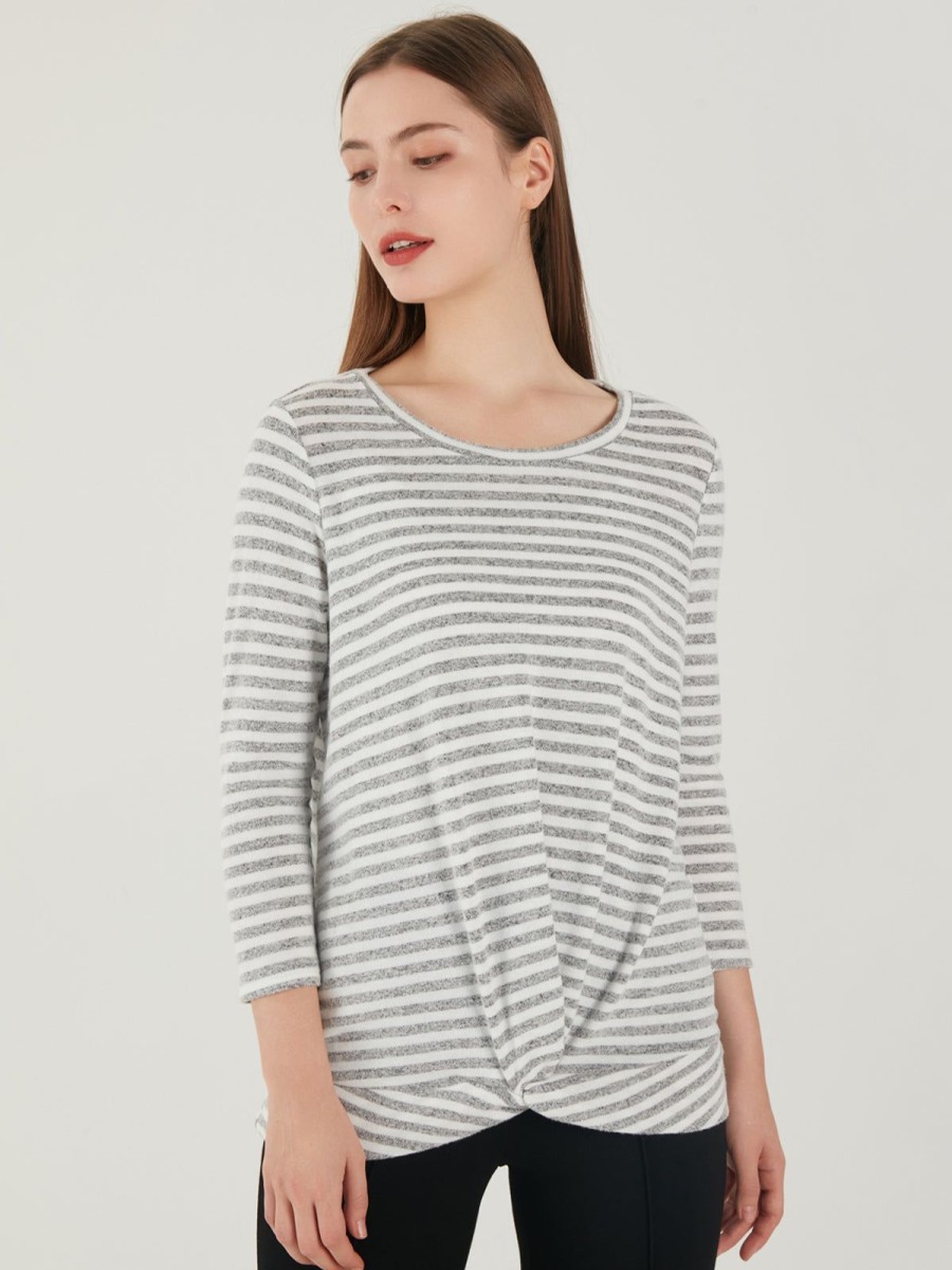 Women 89th + Madison Tops | Stripe Front Twist Crewneck Top Grey/White Combo