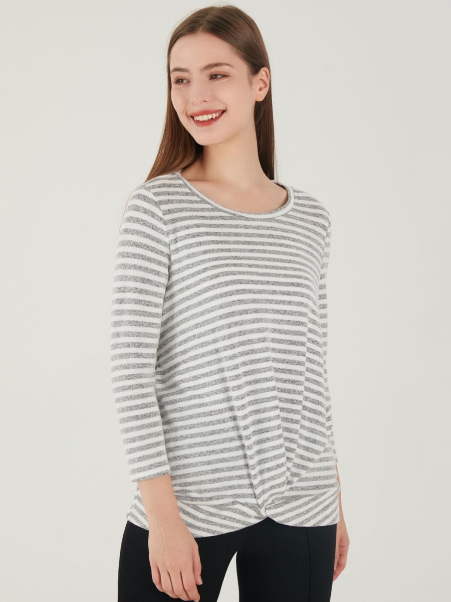 Women 89th + Madison Tops | Stripe Front Twist Crewneck Top Grey/White Combo