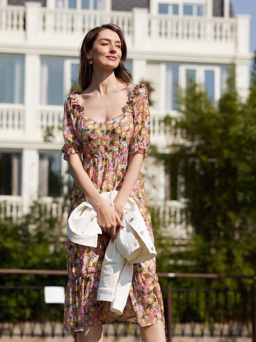 Women 89th + Madison Dresses | Floral Puff-Sleeve Midi Dress Full House Pink