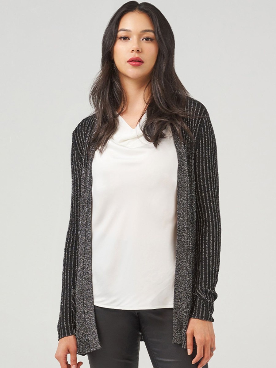 Women 89th + Madison Sweaters & Cardigans | Lurex Rib Open Cardigan Black Combo