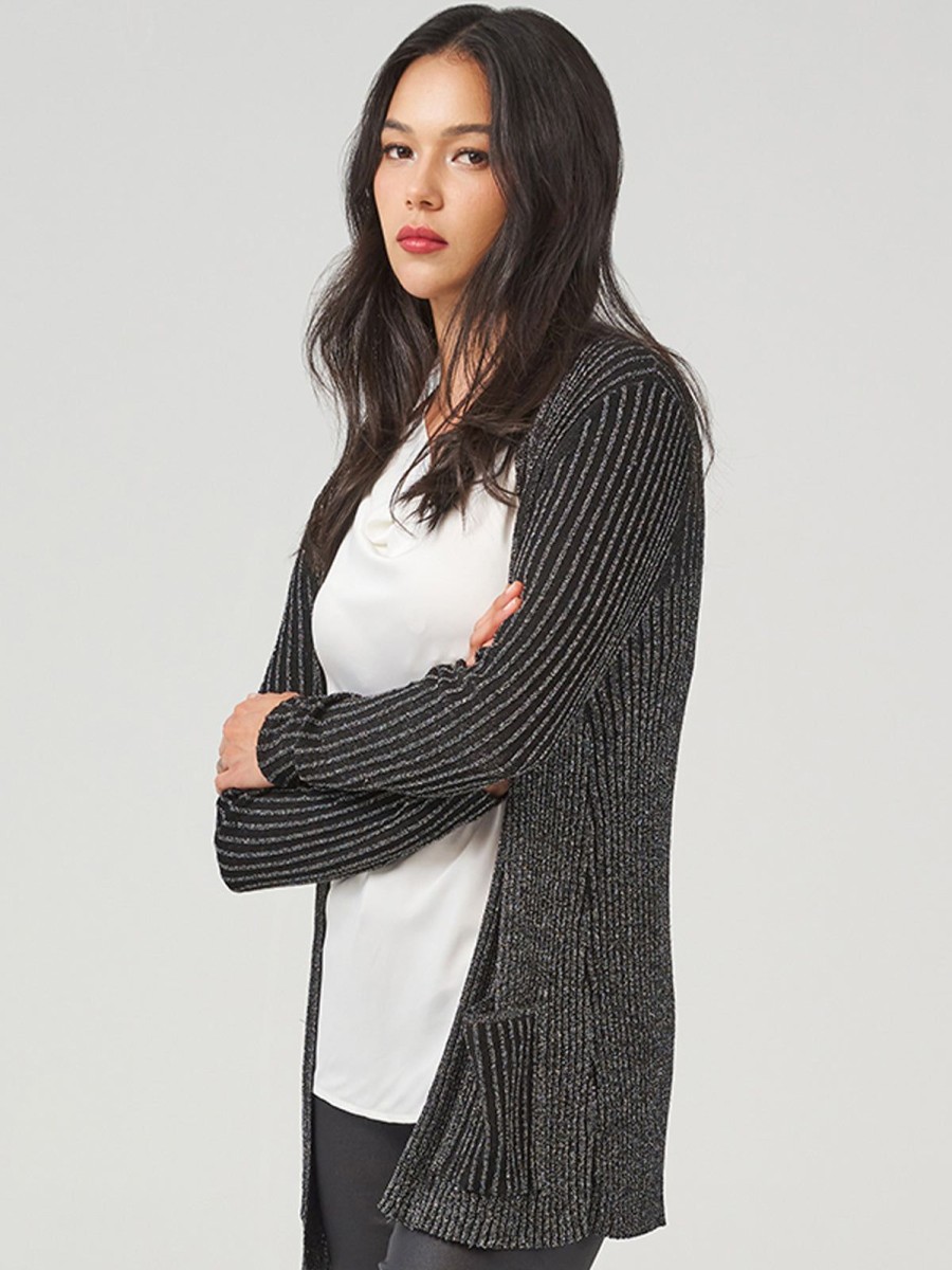 Women 89th + Madison Sweaters & Cardigans | Lurex Rib Open Cardigan Black Combo