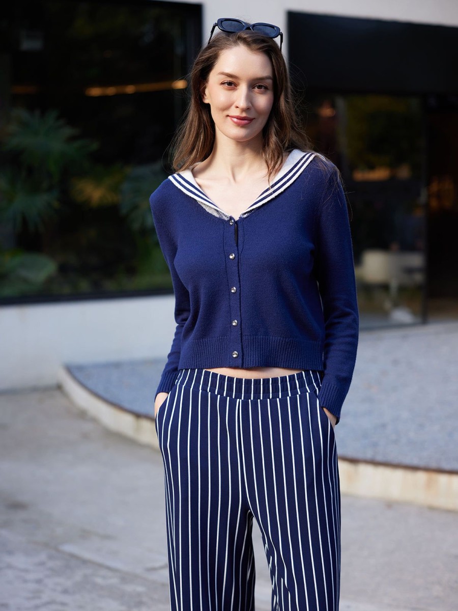 Women 89th + Madison Tops | Sailor Collar Cardigan Medieval Blue Combo