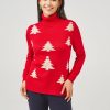 Women 89th + Madison Tops | Christmas Tree Jacquard Turtleneck Pullover Raching Red/Cloud Dancer