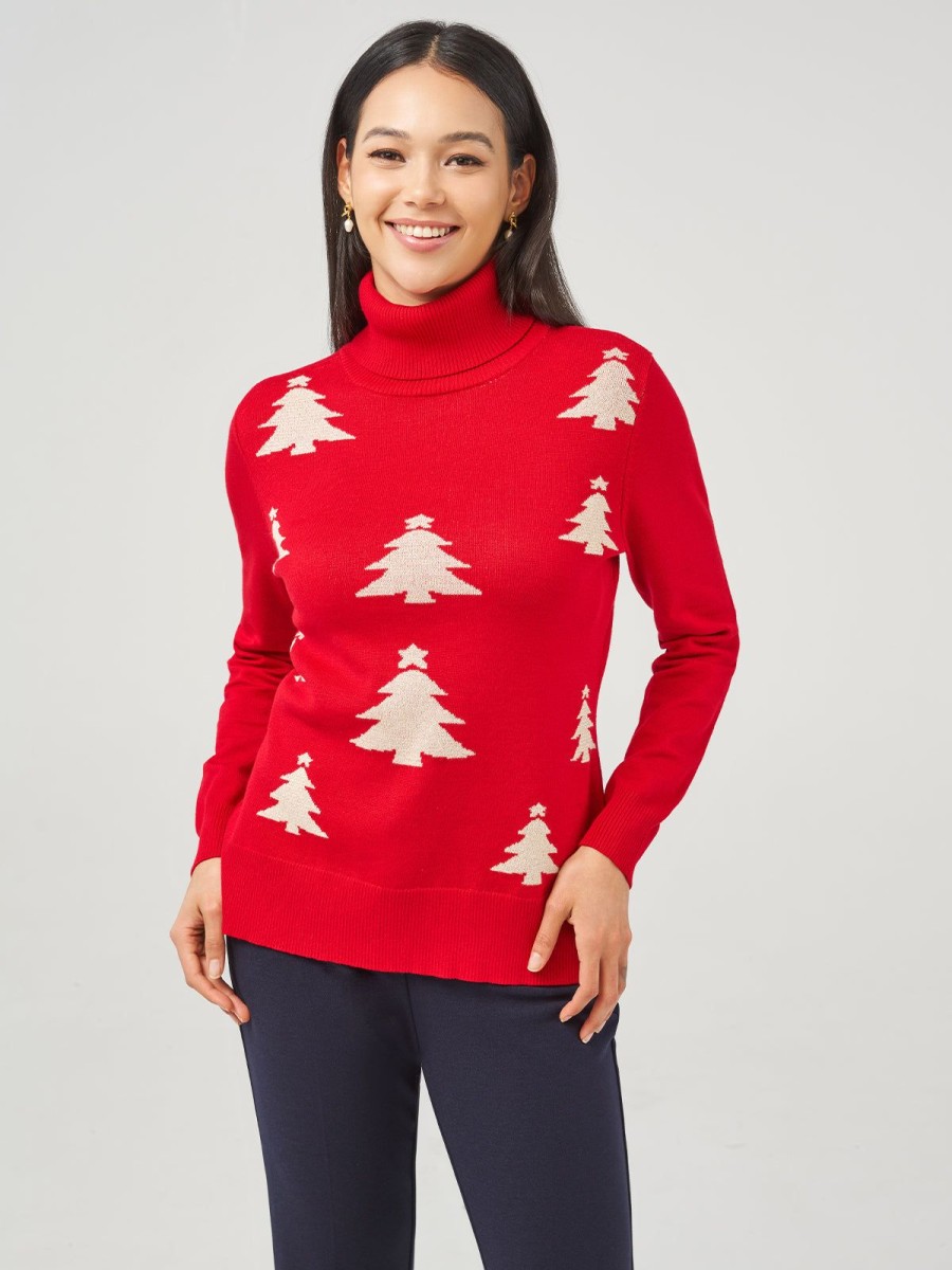 Women 89th + Madison Tops | Christmas Tree Jacquard Turtleneck Pullover Raching Red/Cloud Dancer