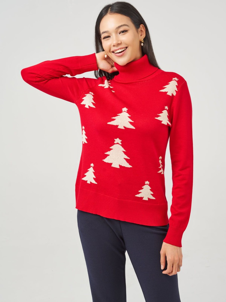 Women 89th + Madison Tops | Christmas Tree Jacquard Turtleneck Pullover Raching Red/Cloud Dancer