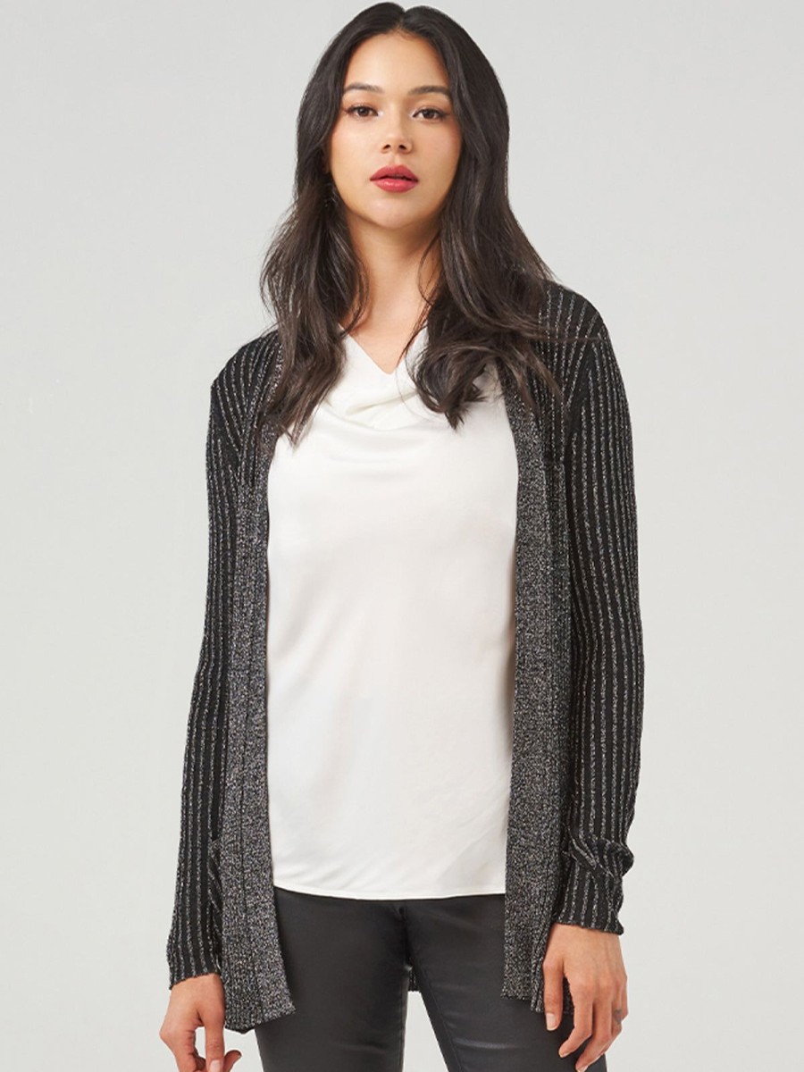 Women 89th + Madison Tops | Lurex Rib Open Cardigan Black Combo