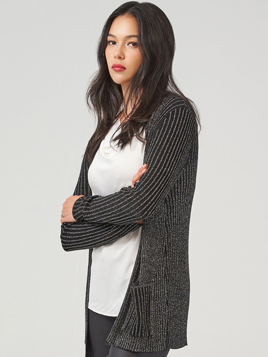 Women 89th + Madison Tops | Lurex Rib Open Cardigan Black Combo