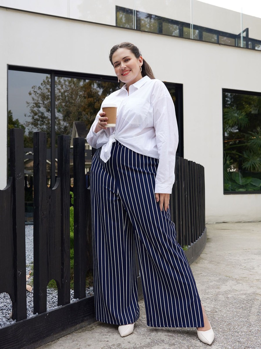 Women 89th + Madison Pants | High-Rise Stripe Wide Leg Pants Navy Blue Combo