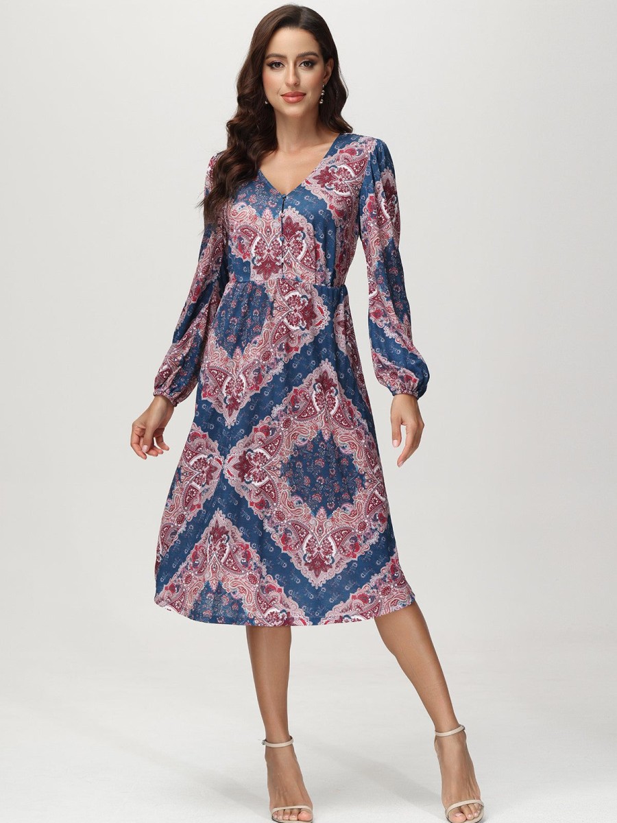 Women 89th + Madison Dresses | V-Neck Floral Midi Dress Sophisticated Bandana