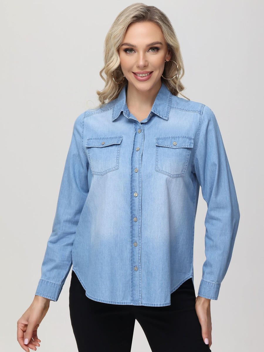 Women 89th + Madison Tops | Denim Wash Button Down Shirt Light Blue Wash