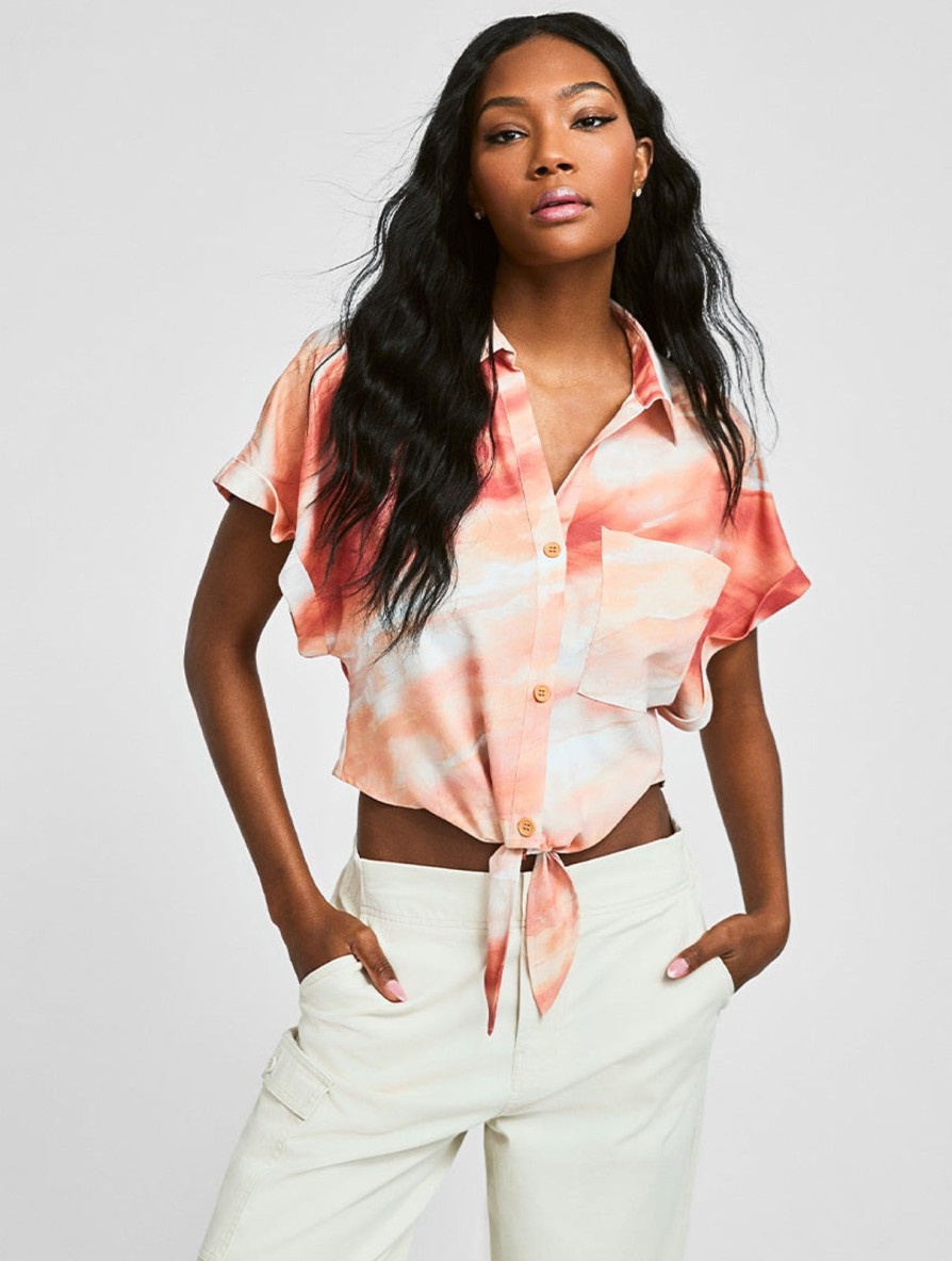 Women 89th + Madison Tops | Crop Tie Front Dolman Top Orange Multi