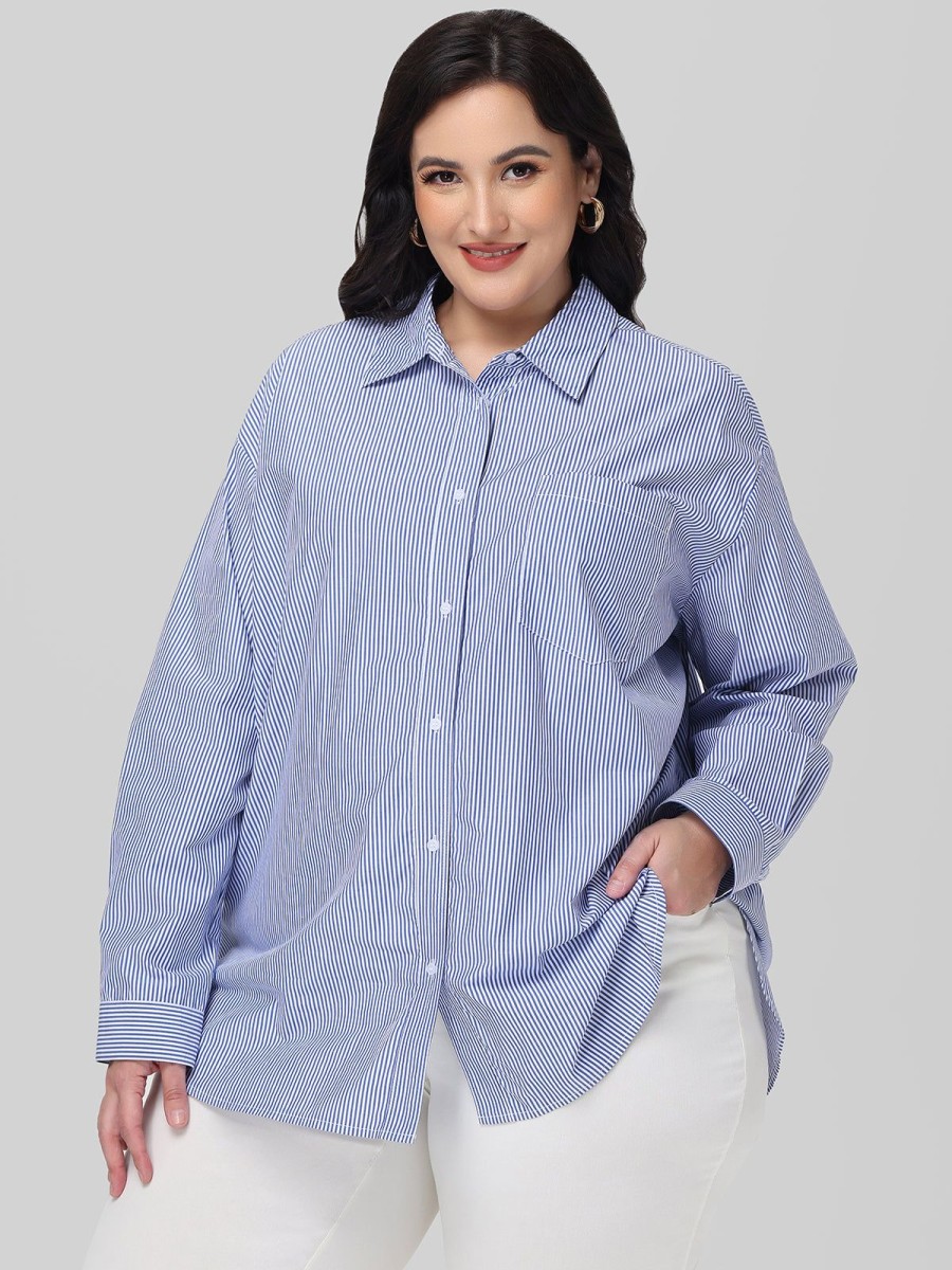 Women 89th + Madison Tops | Stripe Button Down Shirt Classic Stripes-Blue Combo