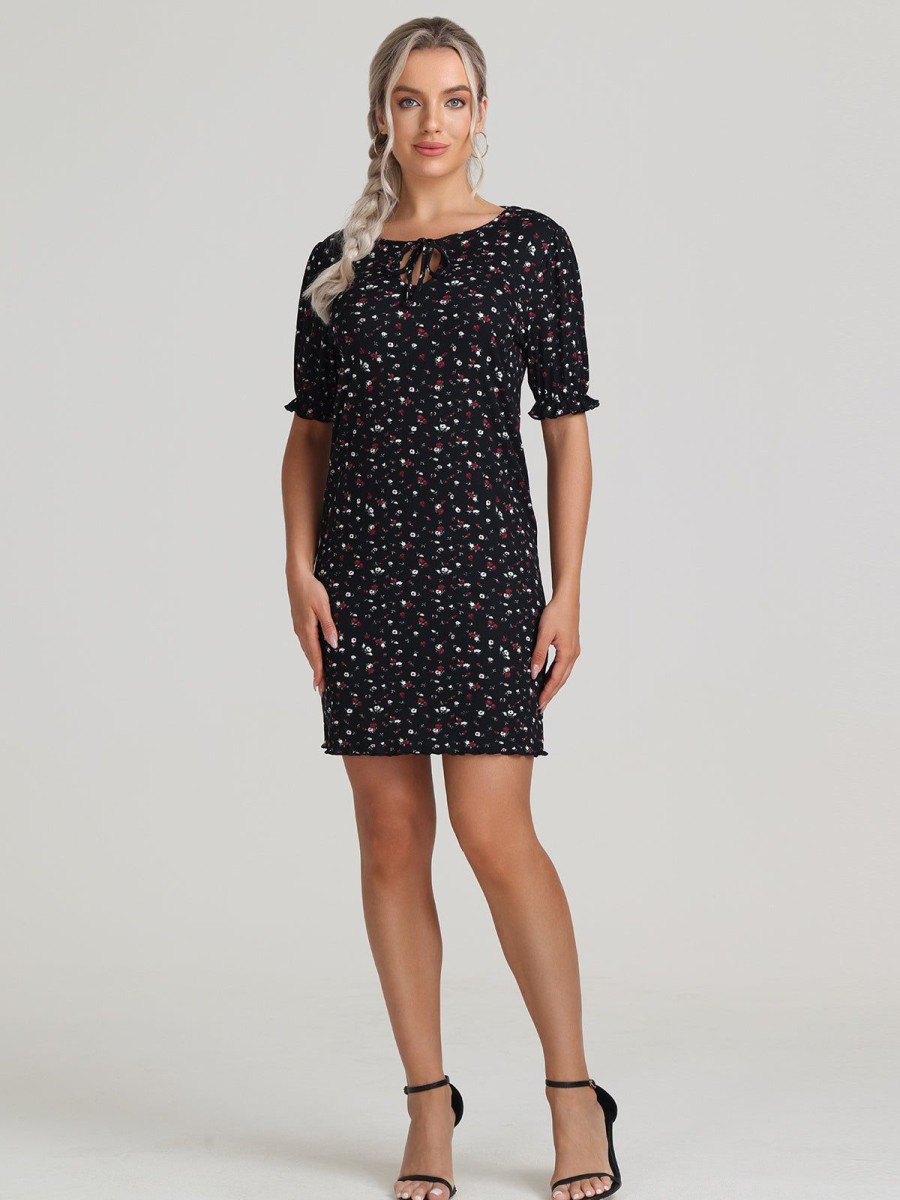 Women 89th + Madison Dresses | Floral Tie Neck Puff Sleeve Dress Tossed Ditsy Black