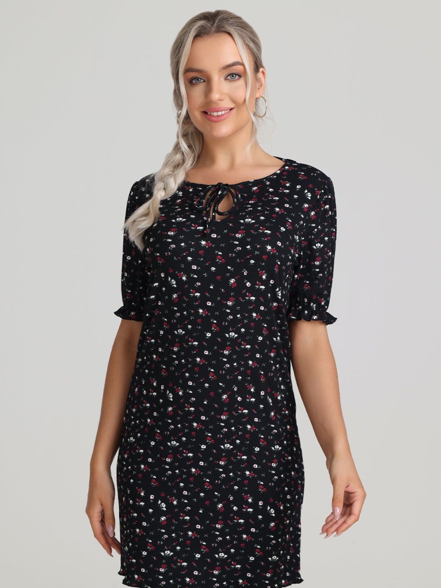 Women 89th + Madison Dresses | Floral Tie Neck Puff Sleeve Dress Tossed Ditsy Black